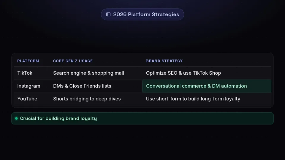 A table mapping TikTok, Instagram, and YouTube to their primary Gen Z use cases and corresponding brand strategies.