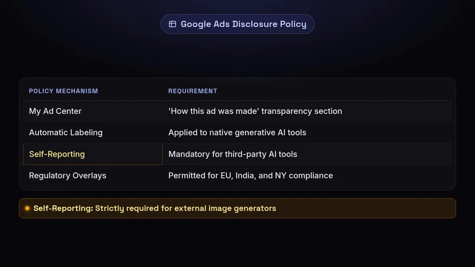 A table outlining the four mechanisms of Google Ads' July 2026 AI disclosure policy.