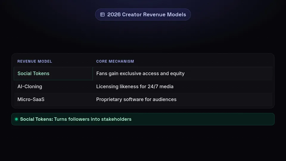 A table outlining three 2026 creator revenue models: social tokens, AI-cloning, and Micro-SaaS