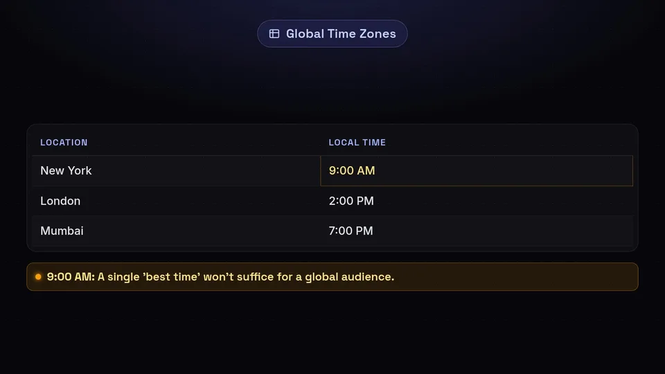 A table showing time zone differences: 9 AM in New York is 2 PM in London and 7 PM in Mumbai.