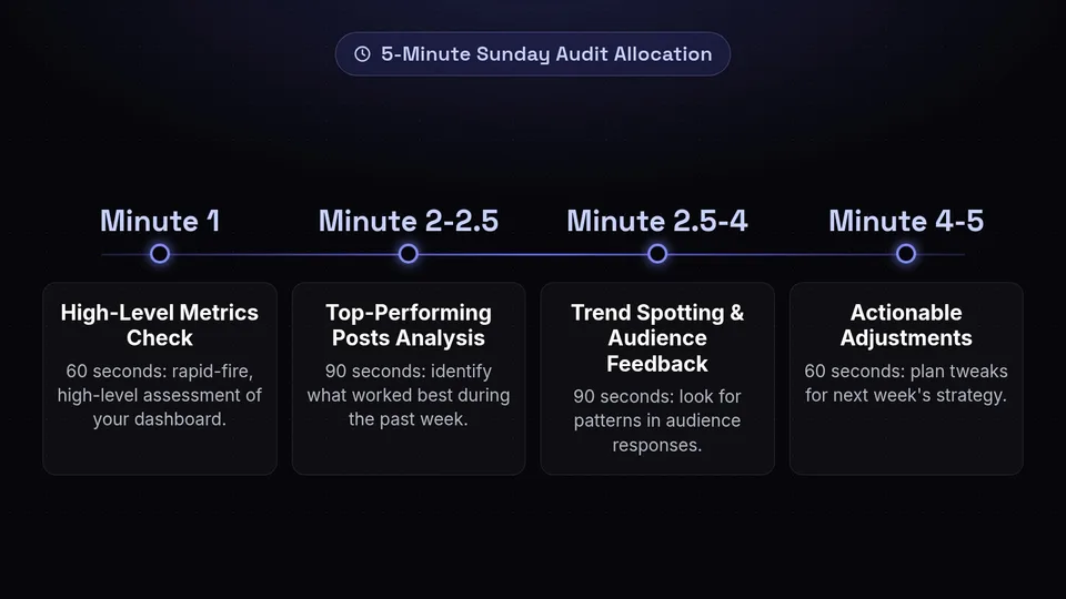 A timeline breaking down a 5-minute audit: metrics, top posts, trends, and adjustments.