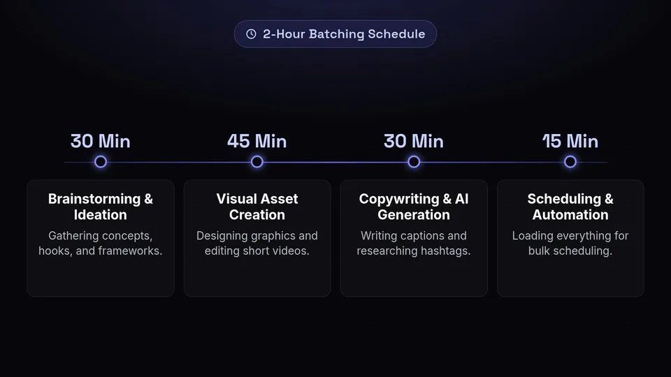 A timeline breaking down the 2-hour batching process into four distinct time-blocked phases.