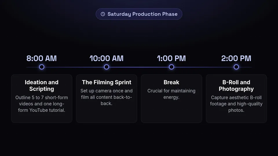 A timeline detailing Sarah's Saturday production schedule from 8 AM to 4 PM.