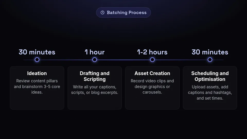 A timeline showing 30 minutes for ideation, 1 hour for drafting, 1-2 hours for assets, and 30 minutes for scheduling.