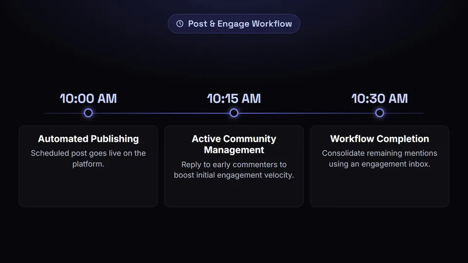 A timeline showing a 10:00 AM post followed by a 15-minute dedicated community engagement window.