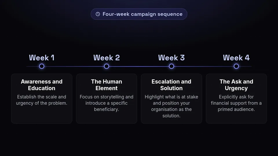 A timeline showing four weeks: Awareness, The Human Element, Escalation, and The Ask.