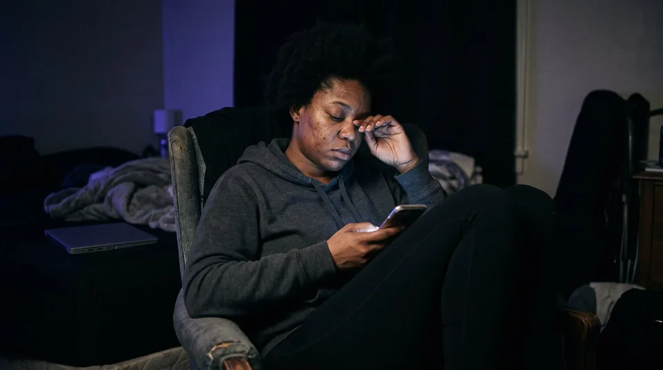 A tired fitness creator awake at 2 AM, illuminated only by her smartphone screen.