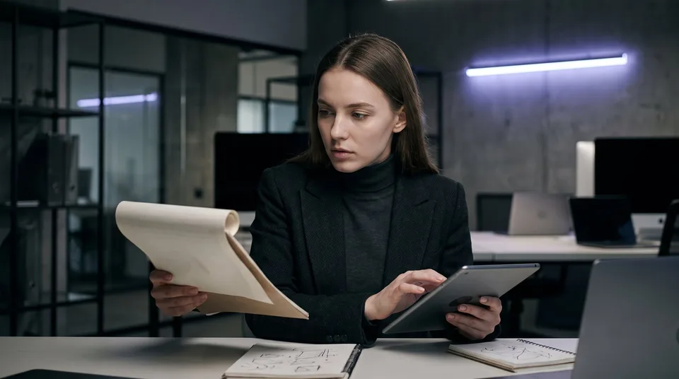 A woman comparing a printed document with a tablet in a dark, modern office.