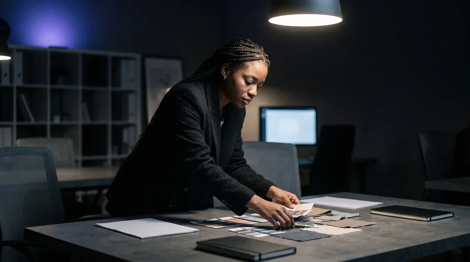 A woman in a blazer arranges color swatches on a dark table under warm lighting.