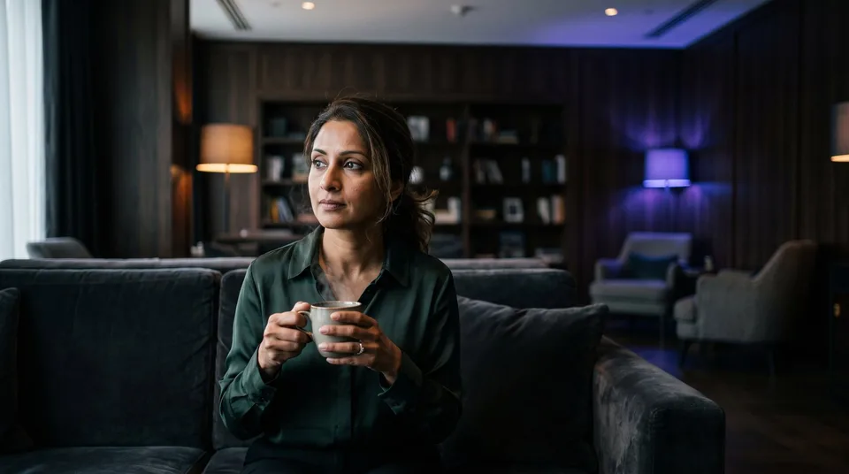 A woman in a dark green blouse sits on a velvet sofa in a moody lounge, holding a mug of tea.