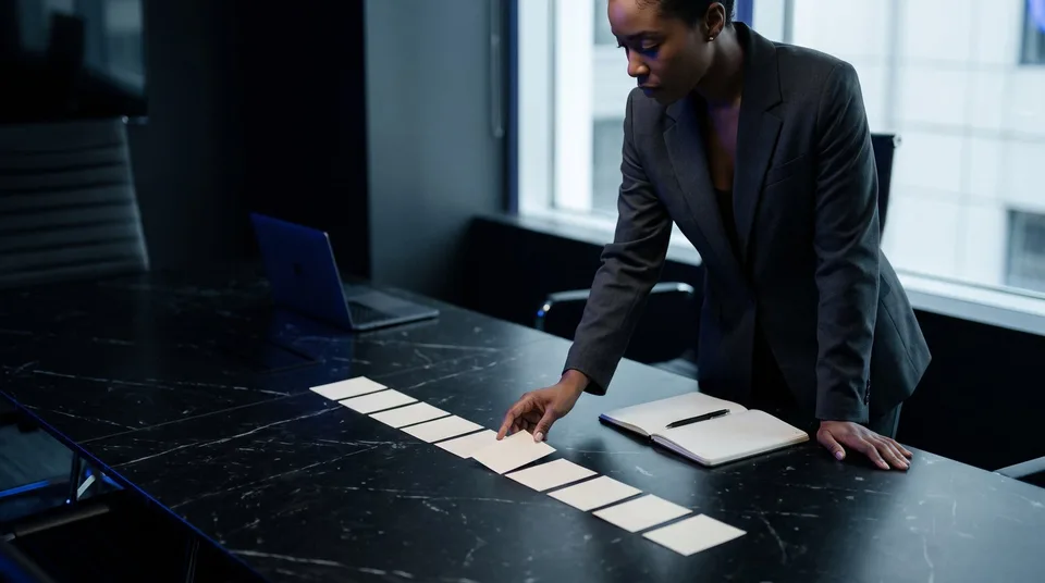 A woman in a dark-grey blazer arranges a sequence of blank square cards on a black marble table.