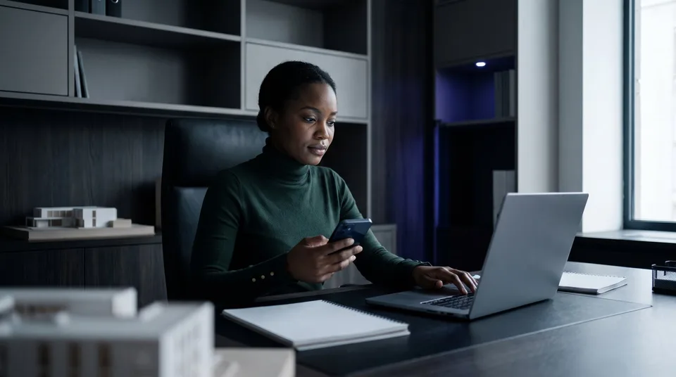 A woman in a green turtleneck checks a phone notification while sitting at a laptop.