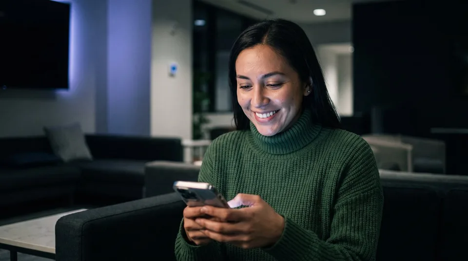 A woman in a green turtleneck smiles while typing a reply on her smartphone in a modern lounge.
