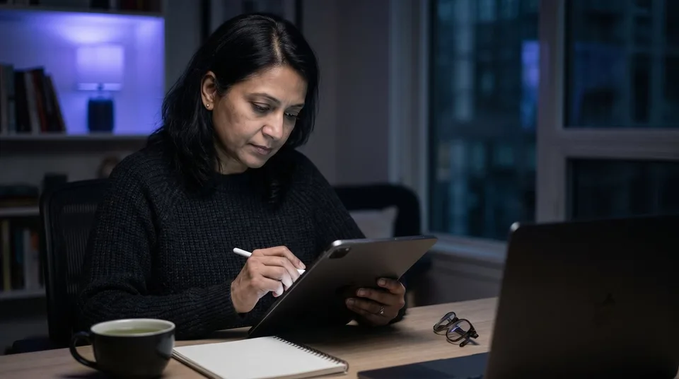 A woman in a modern office carefully reviewing digital strategy on a tablet.
