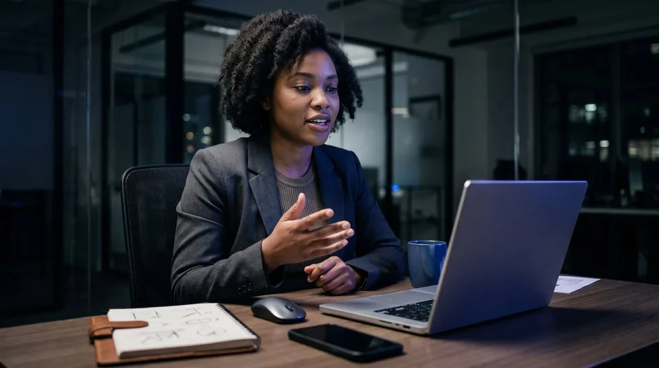 A woman in a modern office leading a video meeting