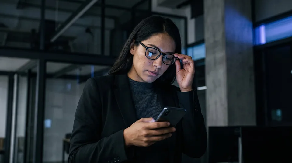 A woman in a modern office looks intently at her smartphone.