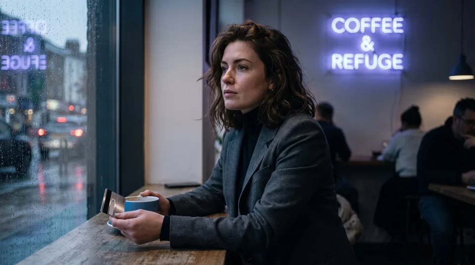 A woman in a neon-lit cafe thoughtfully holds a premium credit card.
