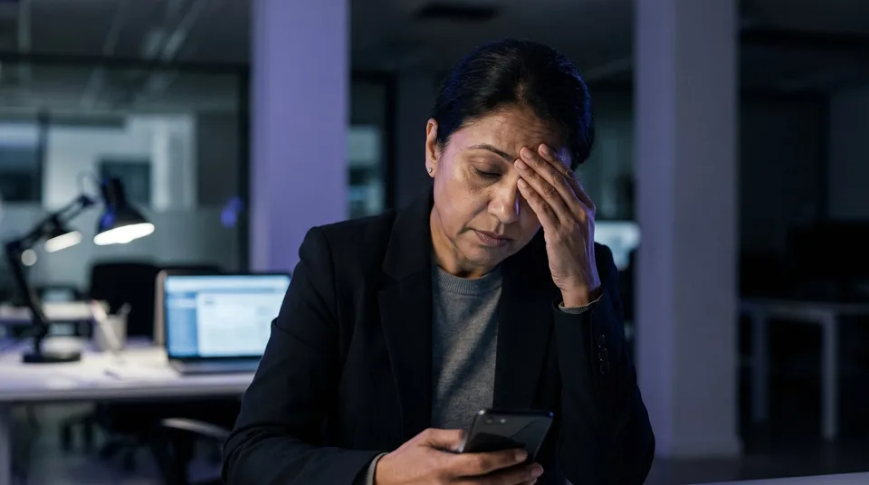 A woman looking overwhelmed by information on her phone in a modern office.