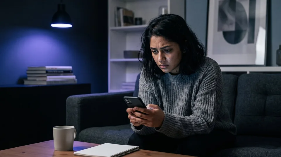 A woman looking overwhelmed while quickly scrolling on her smartphone in a dark room.