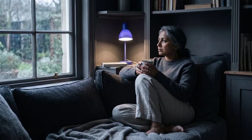 A woman looking thoughtfully out a window in a cozy, dark room.