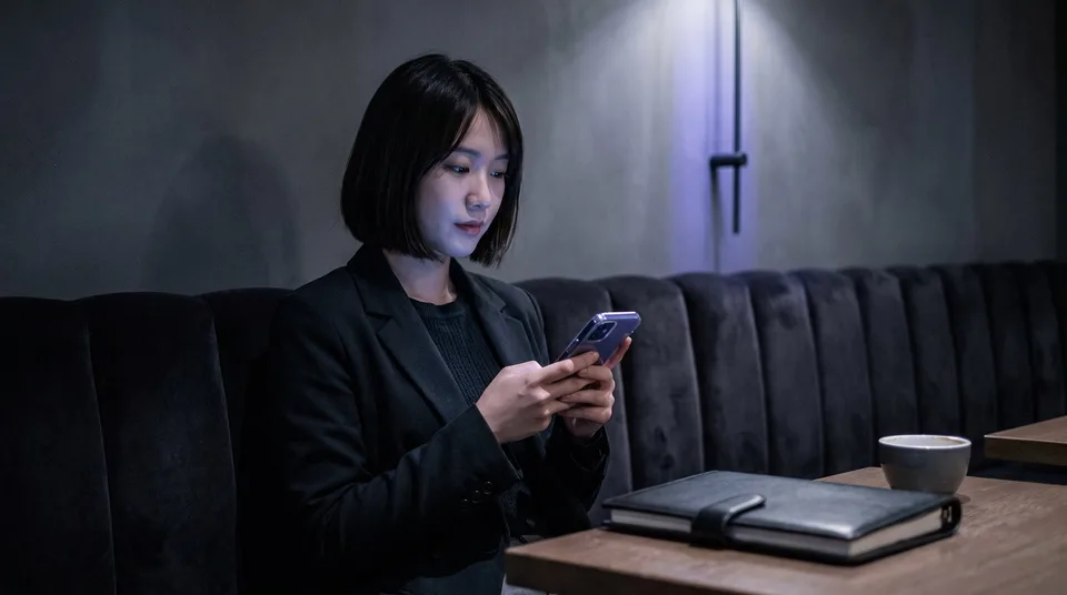 A woman on a velvet couch in a dark cafe looking at her smartphone.