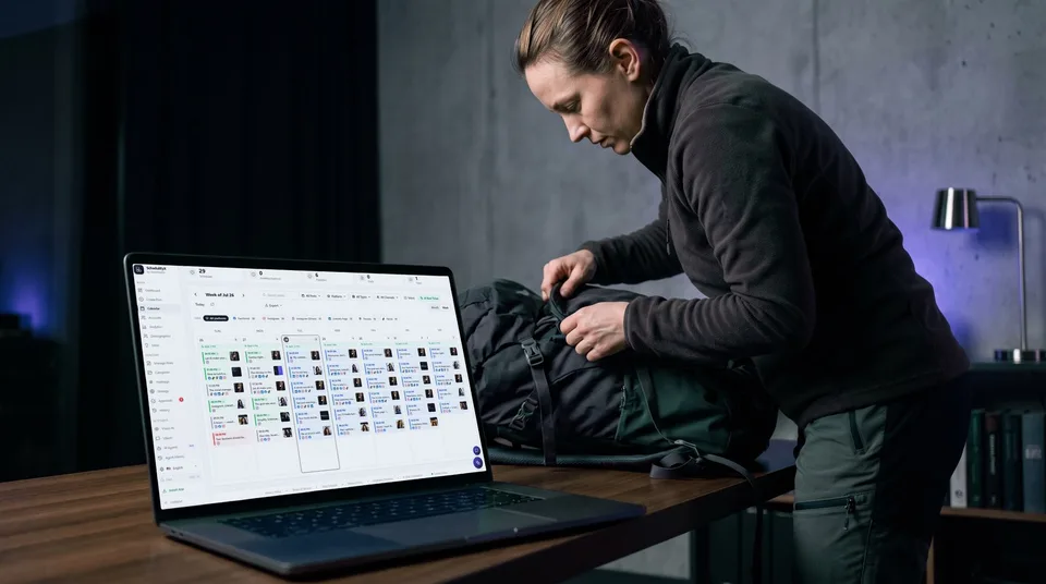 A woman packing a hiking backpack while viewing a weekly content calendar on her laptop.