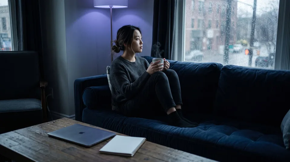 A woman relaxing on a dark velvet sofa with a mug of tea, looking thoughtfully out the window.