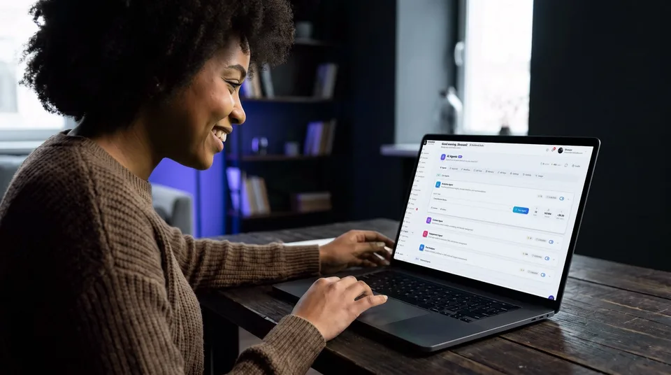 A woman reviewing AI agents on a laptop in a modern home office.