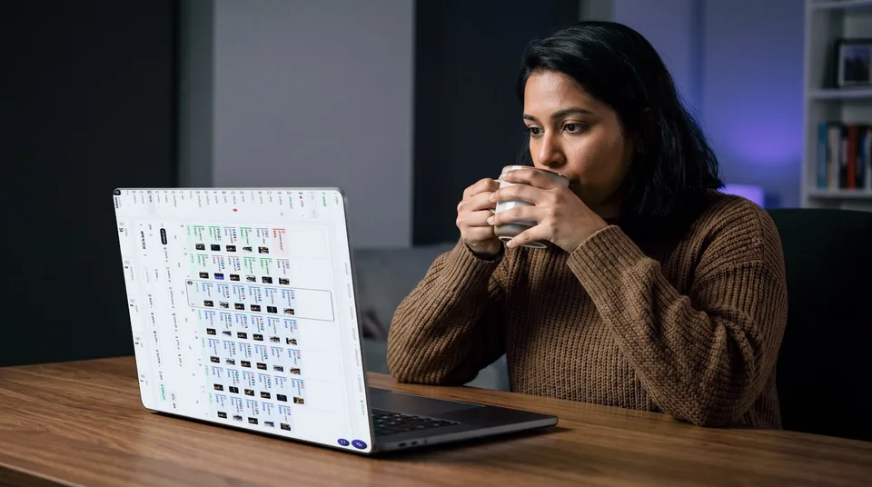 A woman reviews her weekly content calendar on a laptop.