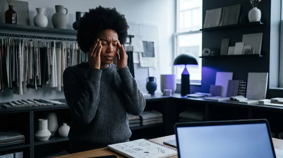 A woman rubbing her temples in a dimly lit studio, looking exhausted and overwhelmed.