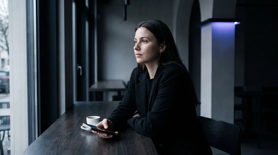 A woman sits thoughtfully in a dark, modern cafe holding her smartphone.