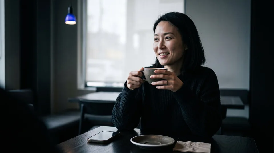 A woman smiling at a moody modern cafe brunch, her phone ignored on the table.
