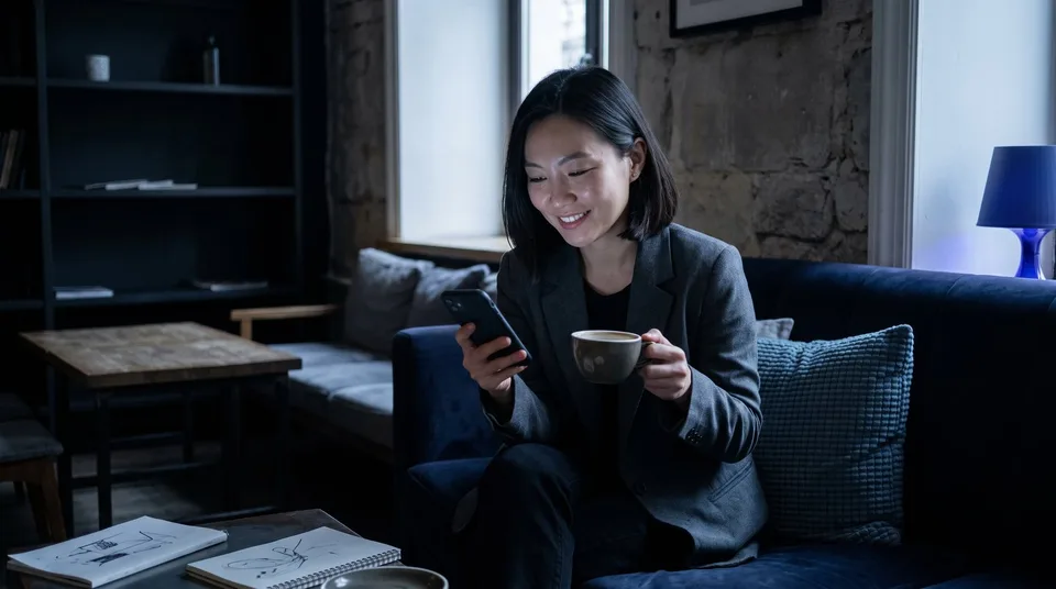 A woman smiling while looking at her smartphone in a moody cafe