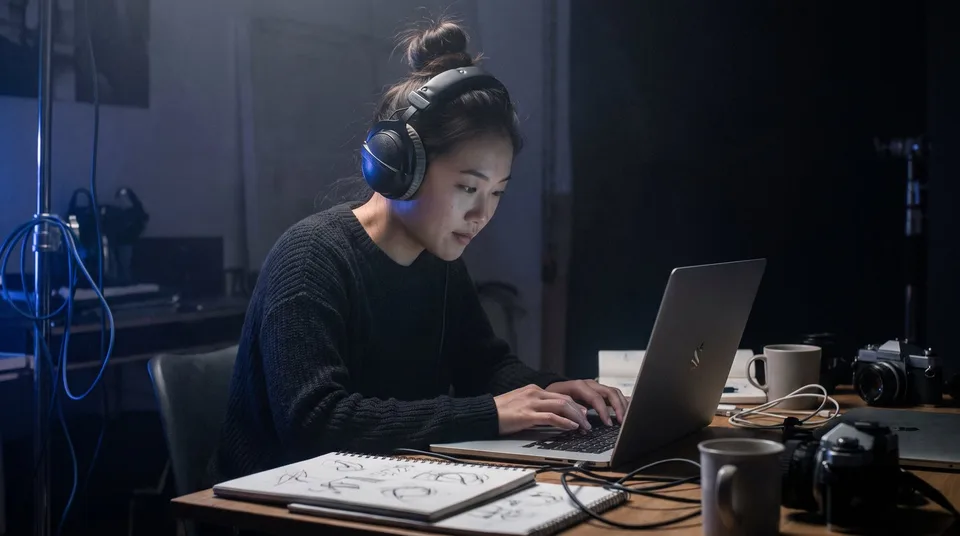 A woman wearing headphones edits a video on her laptop in a dark studio.