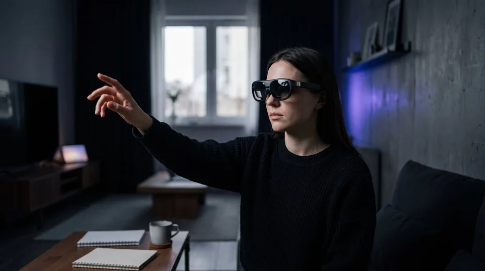 A woman wearing mixed reality glasses interacting with spatial computing environments.