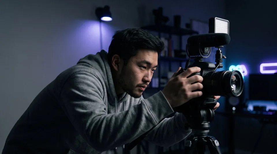 A young content creator adjusting a camera lens in a moody, neon-lit studio.