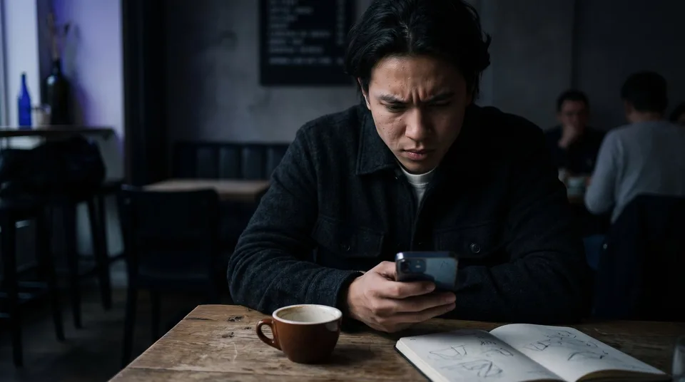 A young creative director looking skeptically at a smartphone in a moody coffee shop.