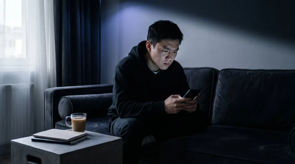 A young creator looking frustrated at his smartphone screen in a moody living room.