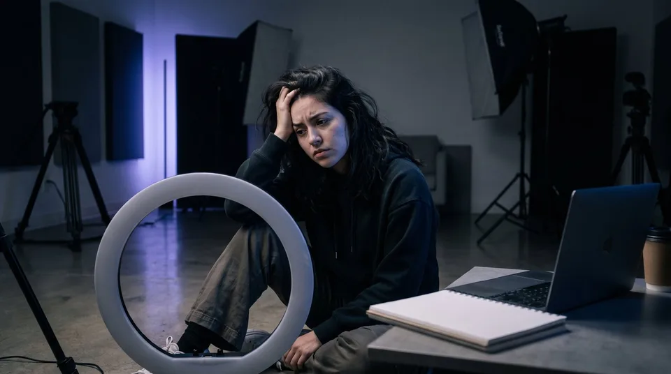 A young female content creator sits on the floor of a dark studio looking stressed next to an unlit ring light.