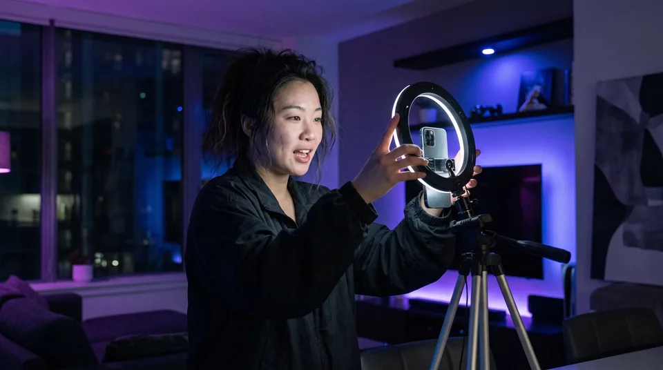 A young female creator records a video using a smartphone and ring light in a moody, neon-lit apartment.