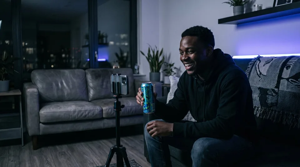 A young man films a dynamic product video on his phone mounted on a tripod.