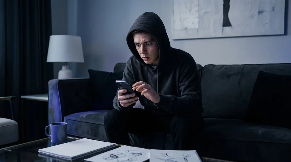 A young man looking urgently at his phone, rushing to send a message.