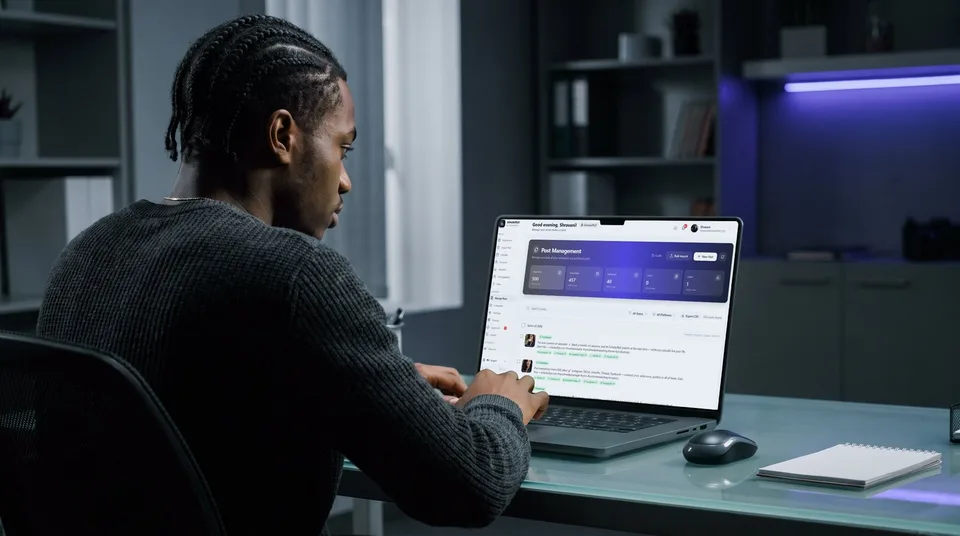 A young man sitting in a dark office at a glass desk, viewing the SchedulifyX post management screen on his laptop.