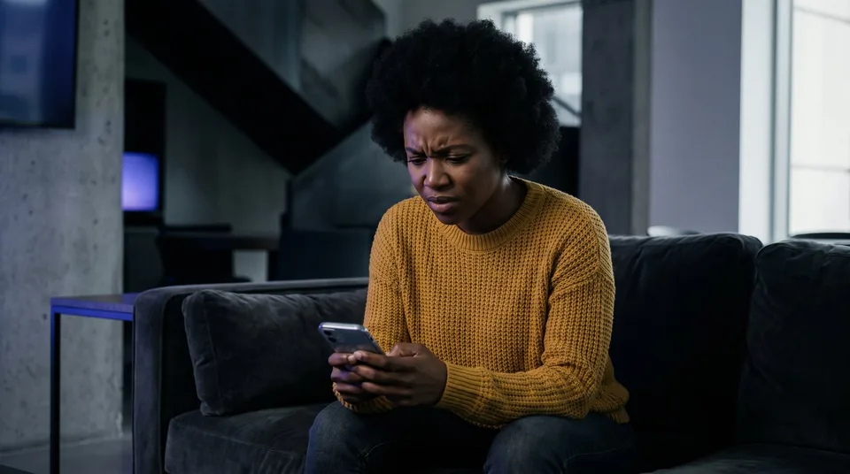 A young woman looks frustrated at her smartphone while sitting on a dark velvet sofa.