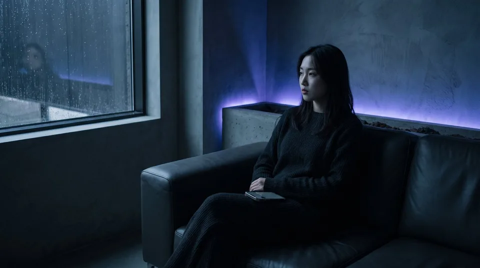 A young woman reflecting thoughtfully while holding a smartphone in a moody lounge