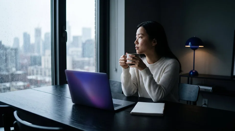 A young woman sits thoughtfully at a table with a coffee mug in a modern apartment.