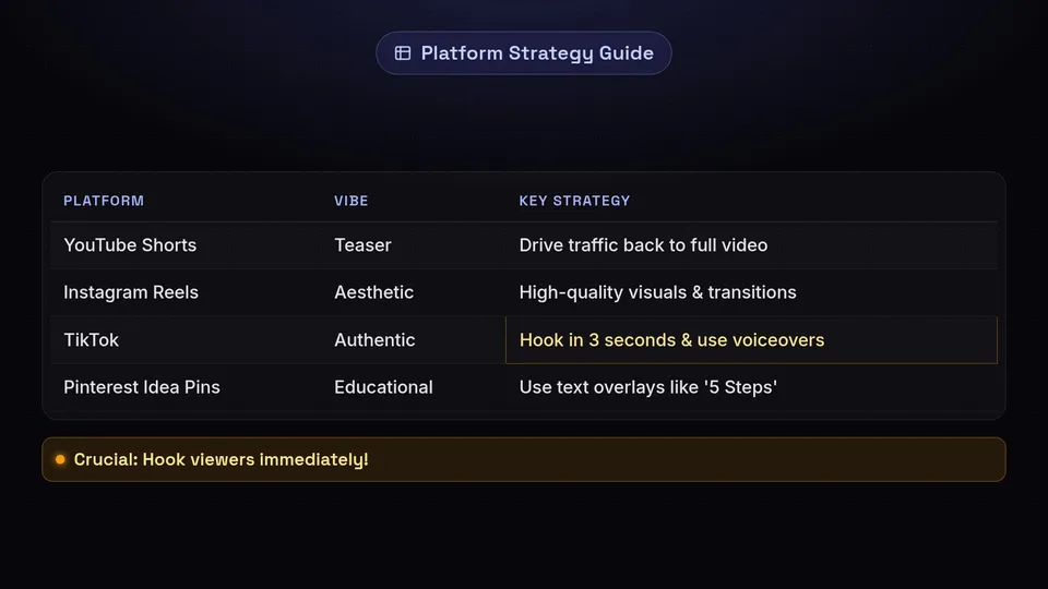 Table comparing strategies for YouTube Shorts, Instagram Reels, TikTok, and Pinterest.
