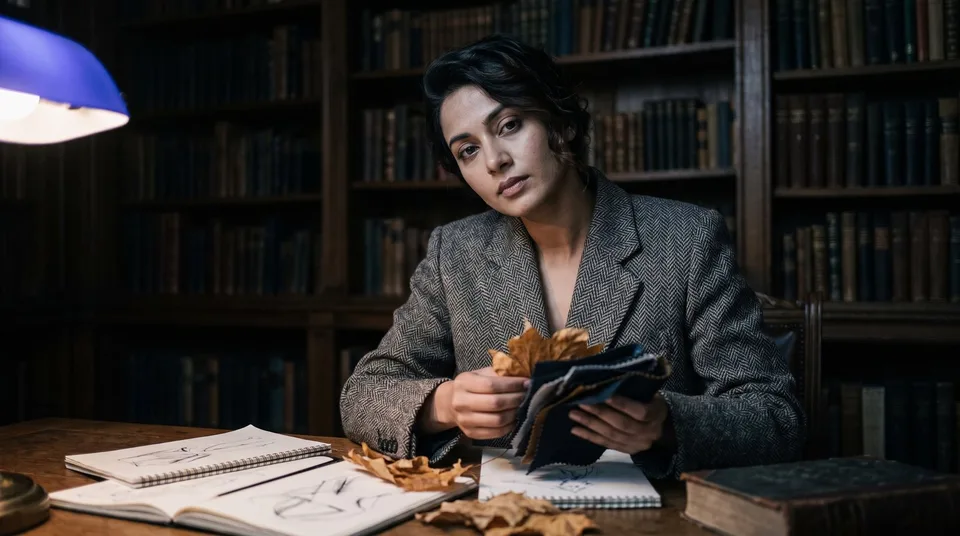 A stylish woman in a dark, moody library examining fabric swatches and dried leaves on a table.