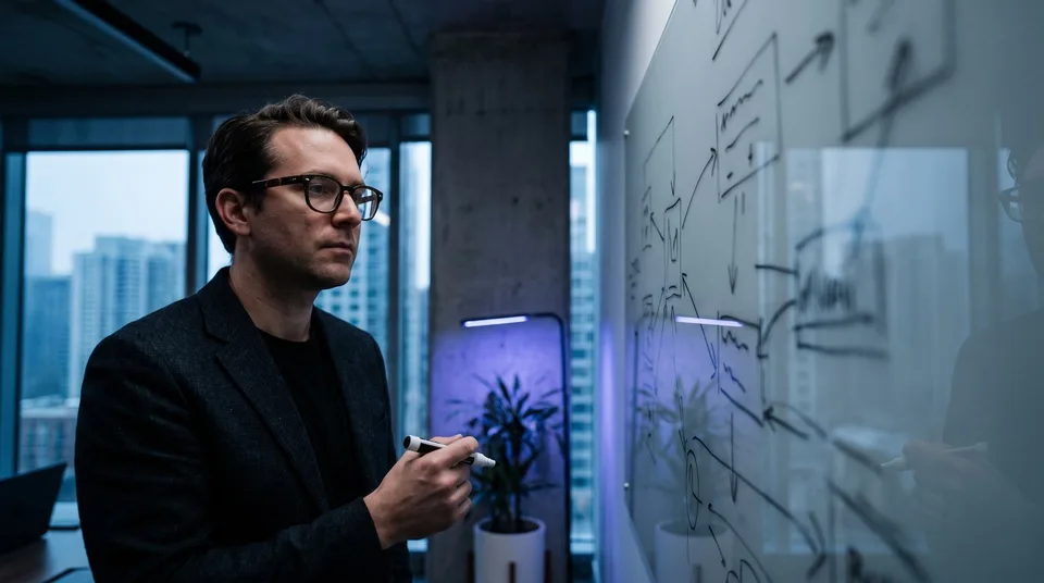 Agency founder looking thoughtfully at a glass whiteboard covered in client names and arrows.