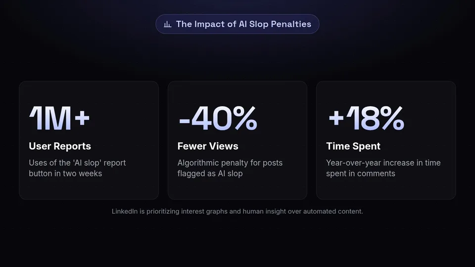 Statistics showing the algorithmic penalty for AI slop and the rise in comment engagement.